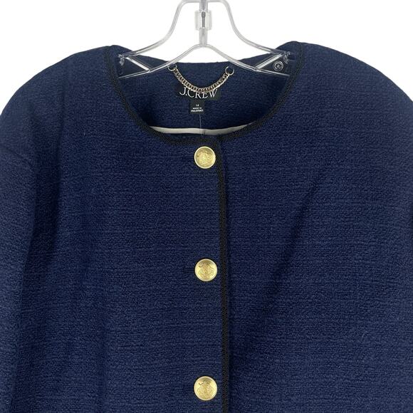 J. Crew Tweed Bomber Lady Jacket Wool Blend Navy Gold Button Size 14 - Picture 6 of 13